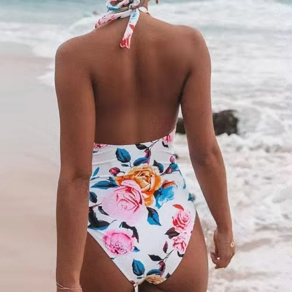 CUPSHE Floral Stripe One Piece Swimsuit Halter Plunge Neck Tummy Control Size M
